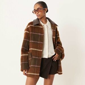 NWT ASOS DESIGN oversized leather look collar jacket in brown check plaid